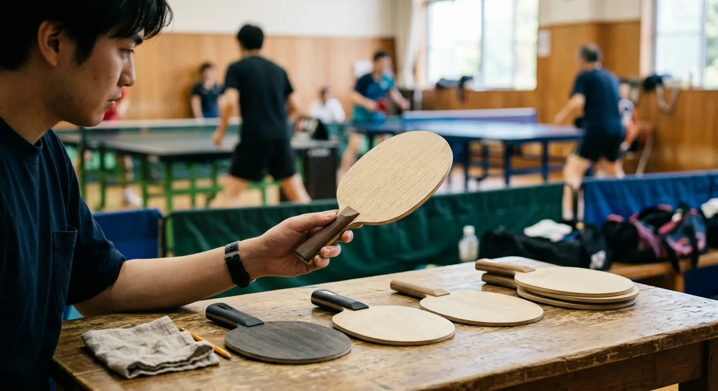 Unassembled table tennis blade and rubber sheets on a wooden surface